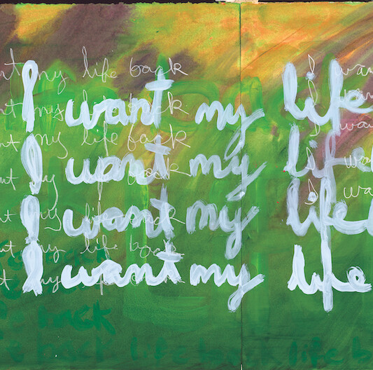 Ed Aulerich-Sugai, I Want My Life Back, 1991, diptych, mixed media on paper, 44 1/4 × 22 1/4". Courtesy of the Ed Auerlich-Sugai Collection and Archive.